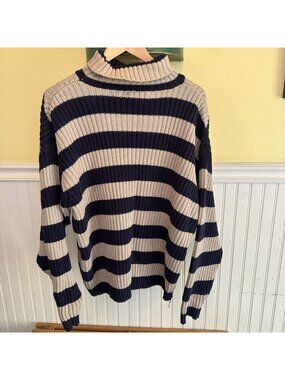 Banana Republic Striped Ribbed Turtleneck Sweater Navy & Beige L Cotton